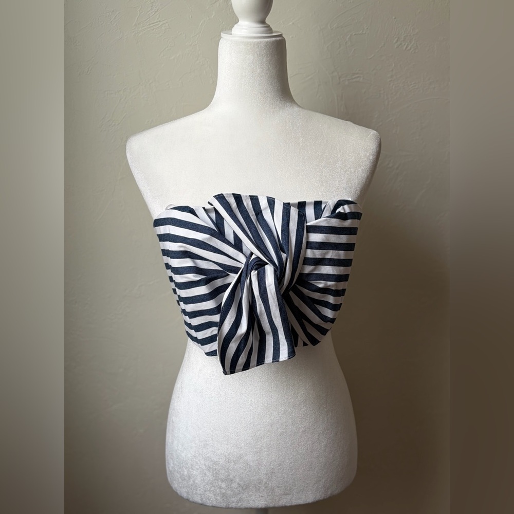 WAYF Blue White Striped Bow Front Strapless Bandeau Top NWT Large